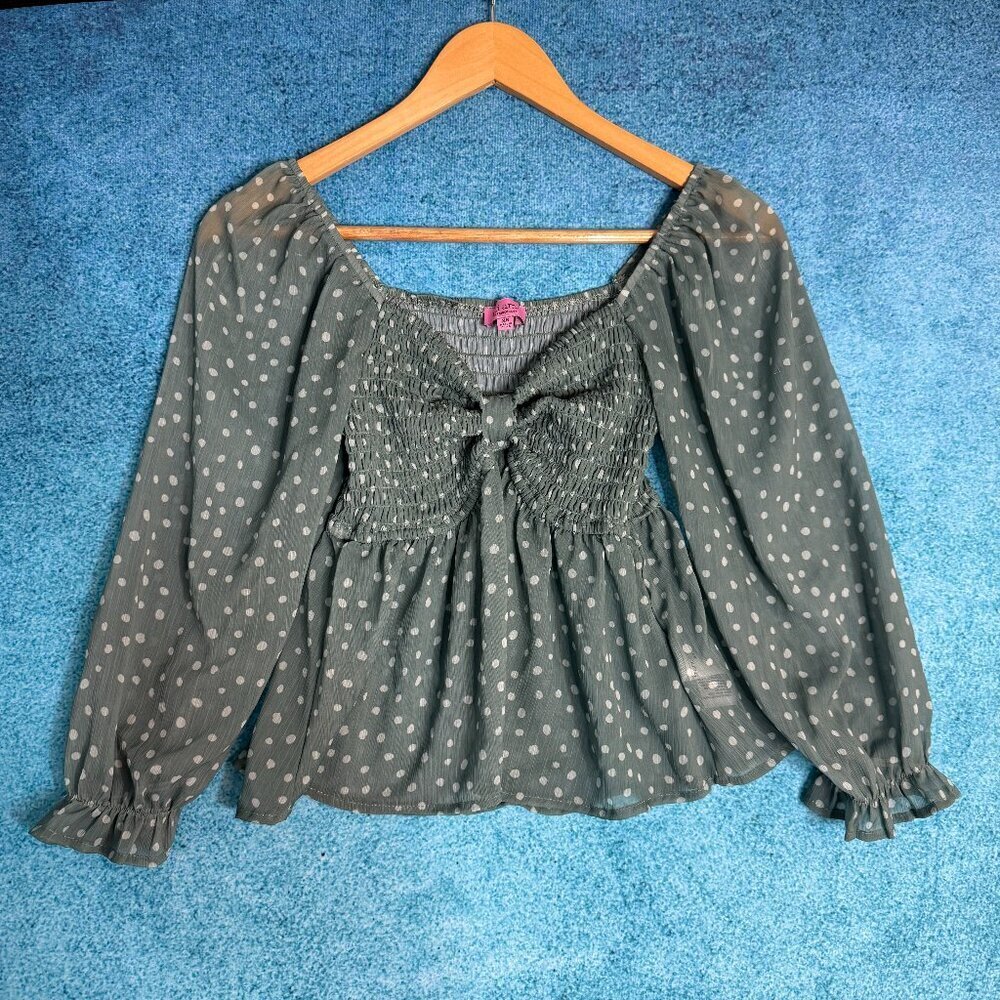 Mi ami Baby Doll Blouse Women's Size XS Green White Polka Dot Ruffle Sleeve Y2K